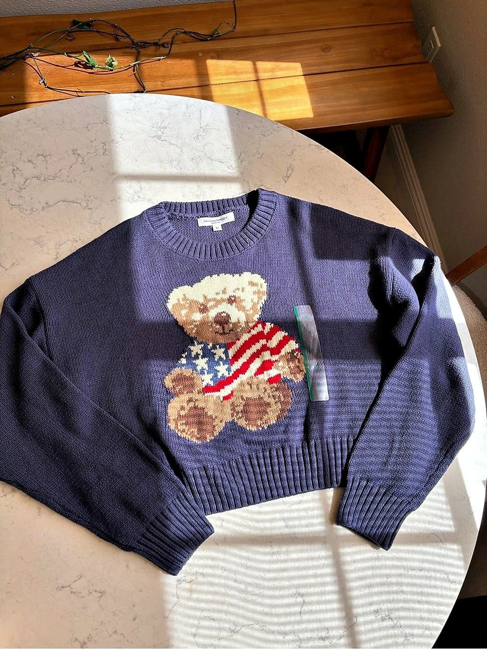 Grayson Threads Patriotic Teddy Bear Knit Sweater Purple Medium